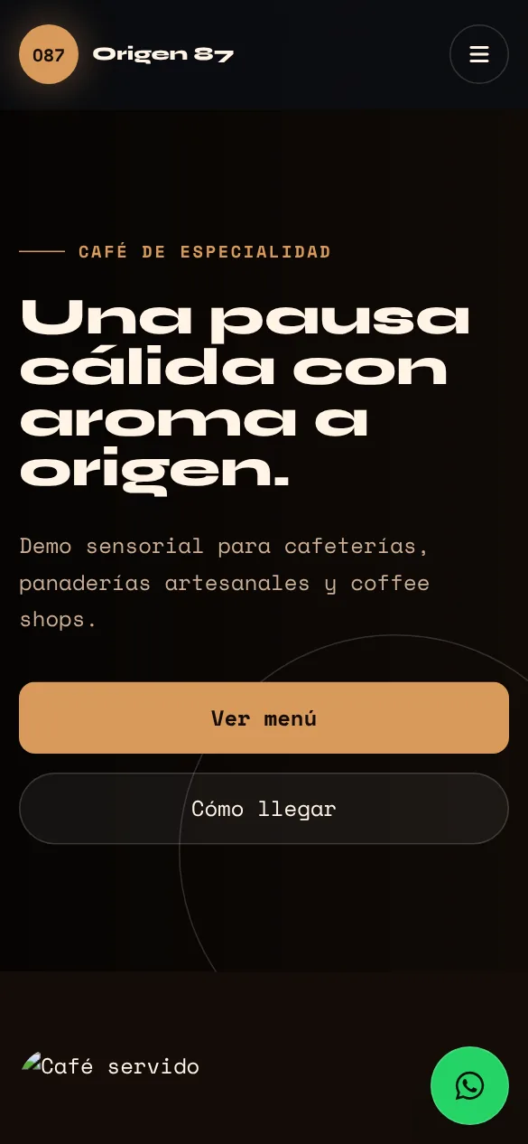 Origen 87 Café: vista en celular de la demo CB-04